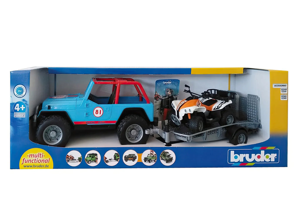 BRUDER Jeep Cross Country Racer Blue, Driver, Trailer and Quad Bike - TOYBOX Toy Shop