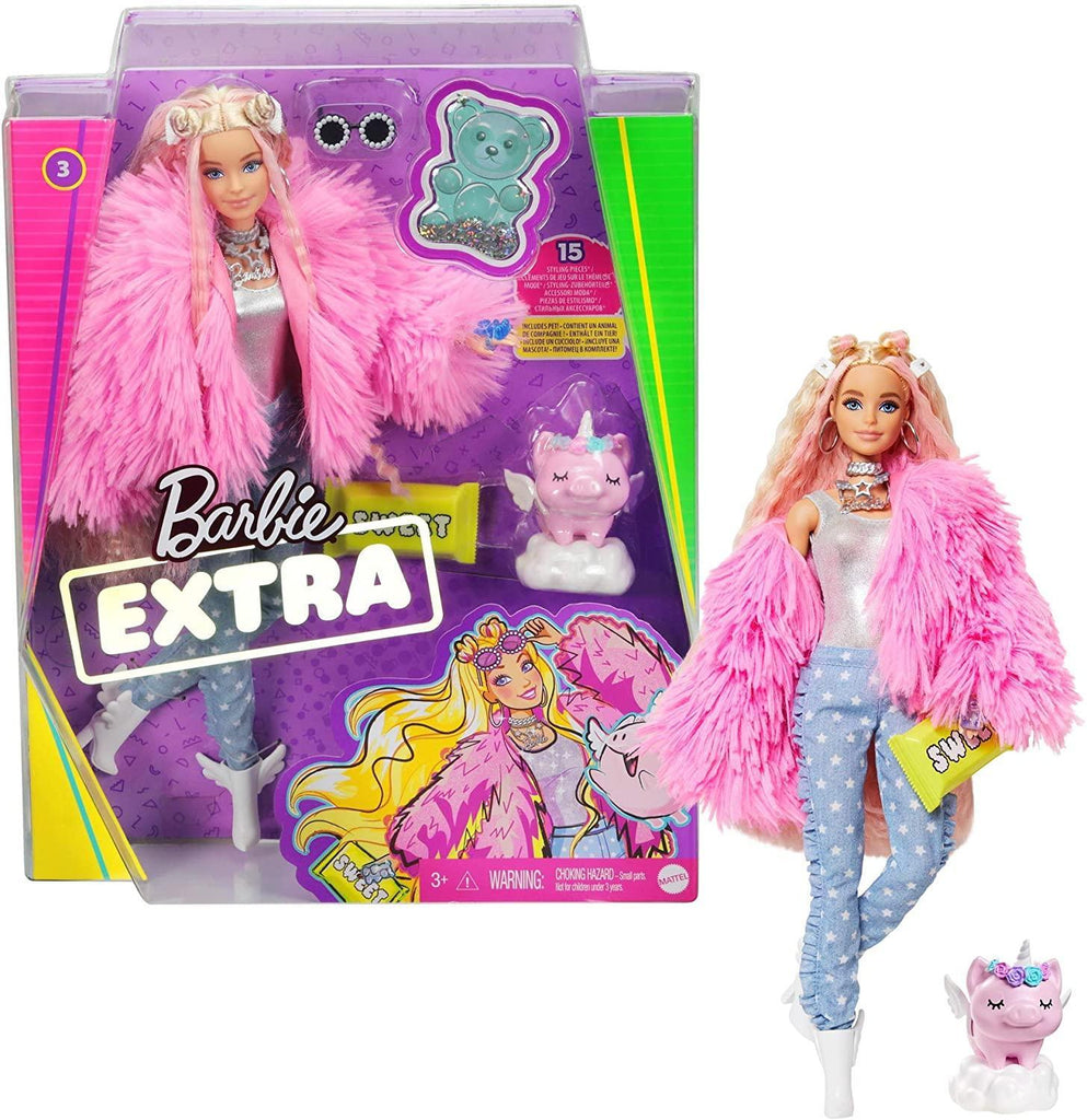 Barbie Extra Doll #3 in Pink Fluffy Coat With Pet Unicorn-Pig - TOYBOX Toy Shop