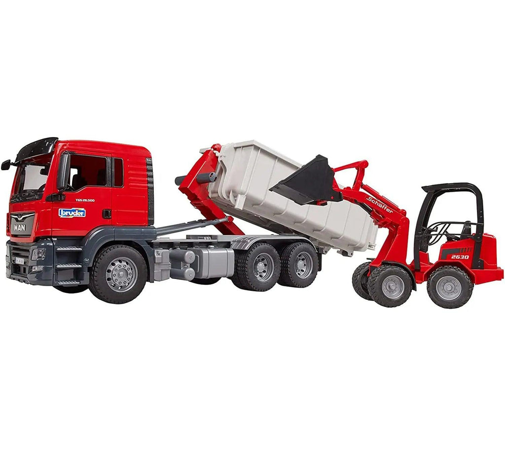 BRUDER MAN TGS Truck With Roll-Off Container And Schäffer Yard Loader - TOYBOX Toy Shop