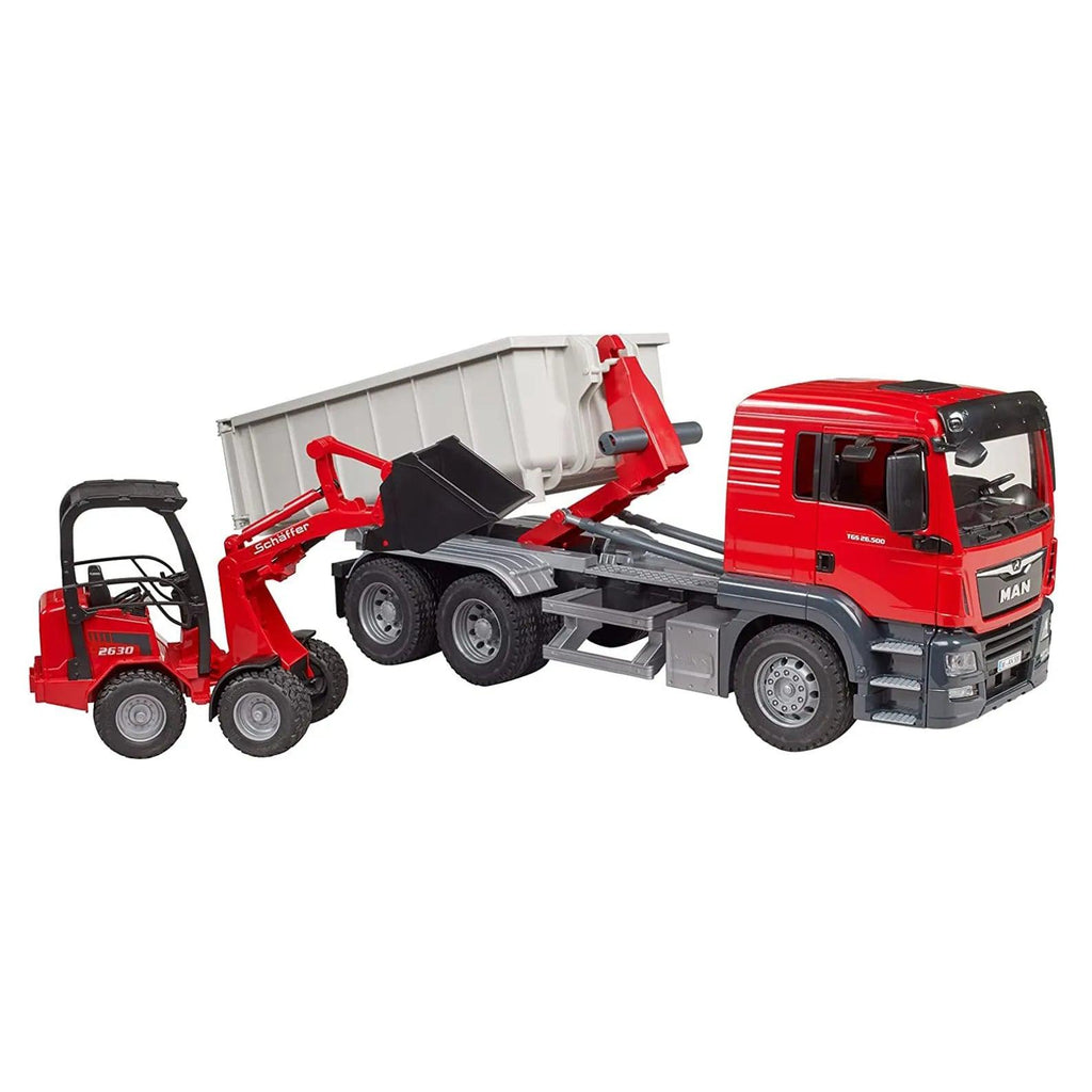 BRUDER MAN TGS Truck With Roll-Off Container And Schäffer Yard Loader - TOYBOX Toy Shop