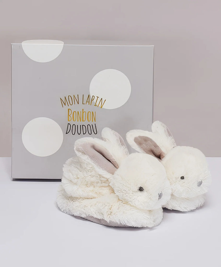 Doudou et Compagnie Birth Gift Box Taupe Rabbit Slippers with Rattle - TOYBOX Toy Shop