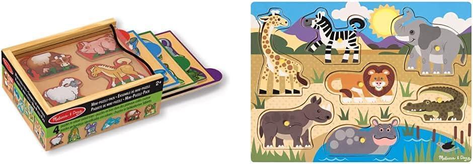 Melissa & Doug Animals Mini-Puzzle Pack & Wooden Toy Peg Puzzle - TOYBOX Toy Shop