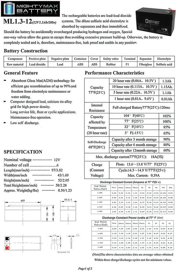 MIGHTY MAX 12V 1.3 AH Battery - TOYBOX Toy Shop