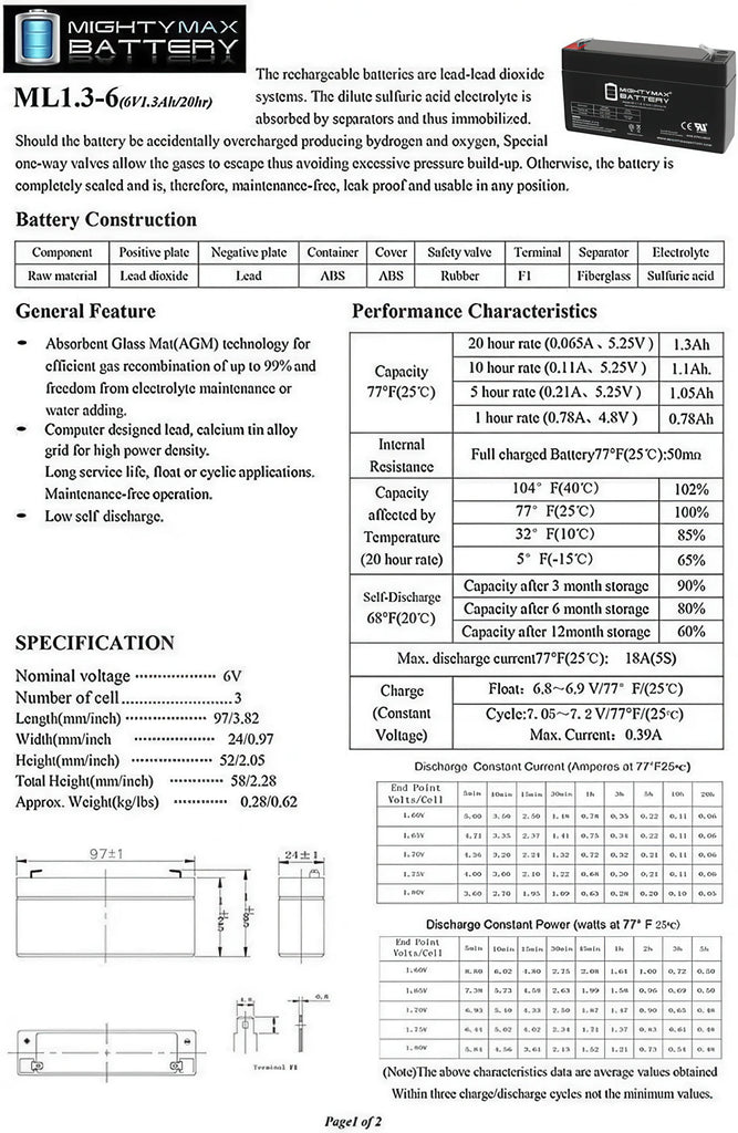 MIGHTY MAX 6V 1.3 AH Battery - TOYBOX Toy Shop