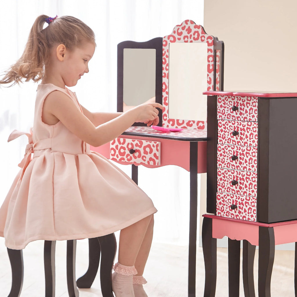 Teamson USA Kids Leopard Print Wooden Vanity Set and Matching Stool - TOYBOX Toy Shop