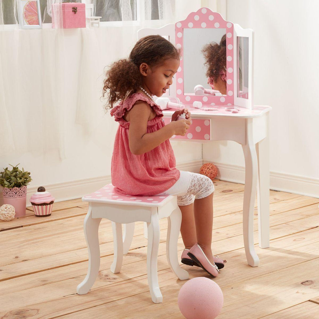 Teamson USA Fashion Polka Dot Prints Gisele Toy Vanity Set - Pink / White - TOYBOX Toy Shop