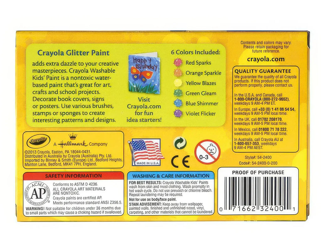 Washable Glitter Paint 6 Count - TOYBOX Toy Shop